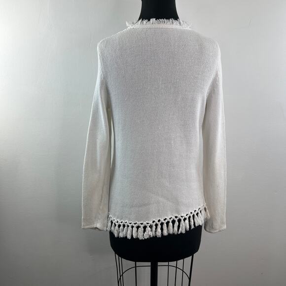 J.Mclaughlin White Sweater Cotton Knitted Crew Neck Thread Fringe Pullover S M? - Picture 7 of 8